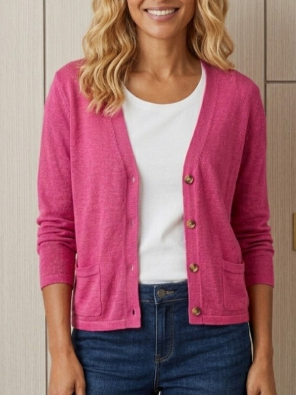 J. Jill Barbie Pink Linen Cardigan Size Large Pockets Barbiecore